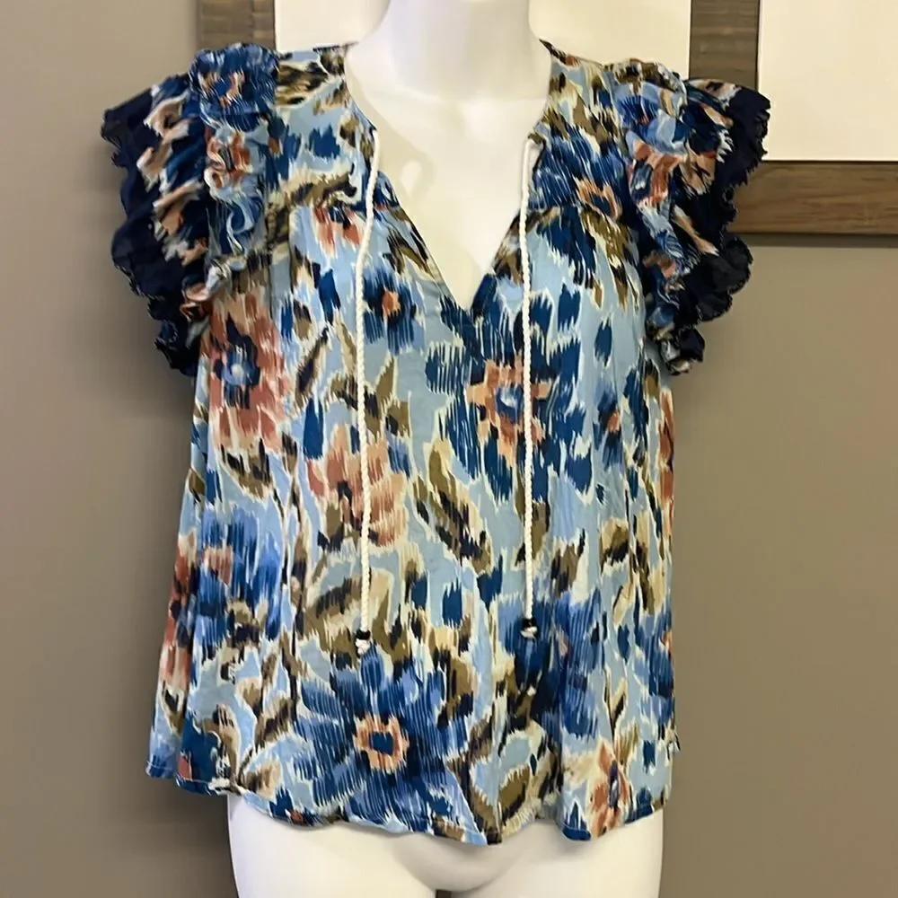 House of Harlow 1960 Boho Floral Ruffled Sleeve V-Neck Blouse w/ Rope Tie-Small